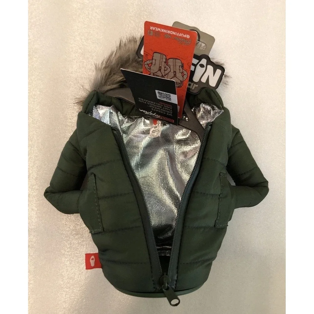 Puffin drinkwear Drink Parka Jacket Koozie The Pahka Olive Green w/ Fur Hood NEW
